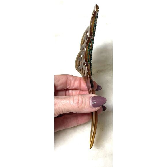 Antique Ornate Celluloid Hair Comb Green Rhinestones Art Nouveau - Picture 11 of 16